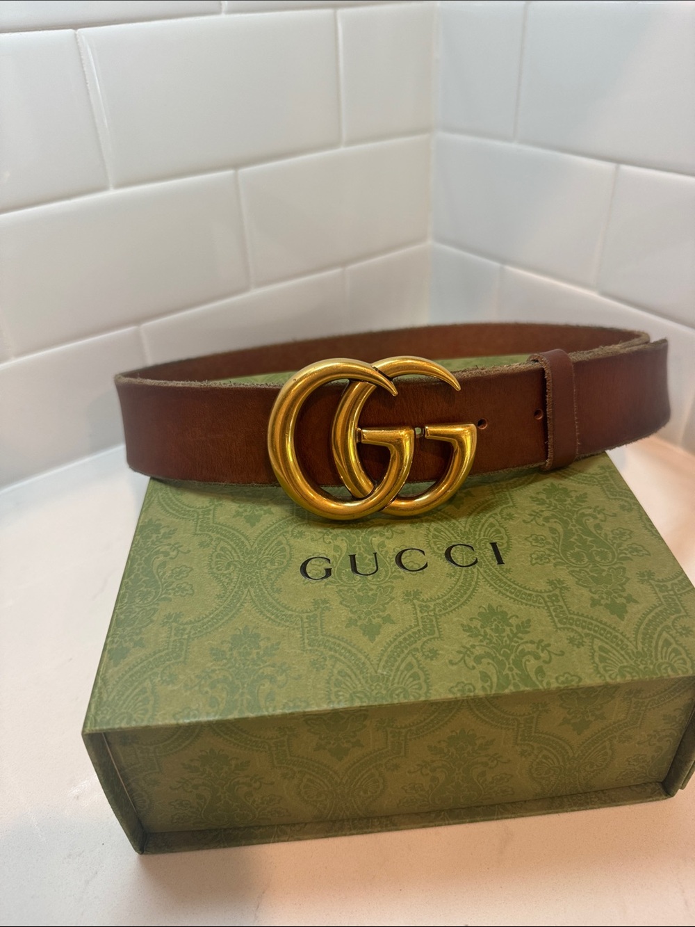 Gucci Brown Leather Belt with Gold Double G Buckle